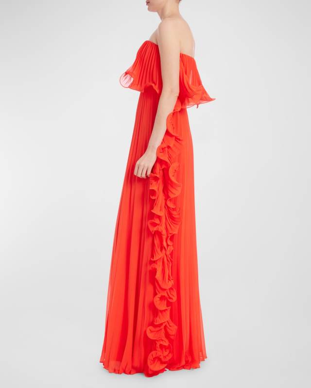 Strapless Pleated Ruffle Gown